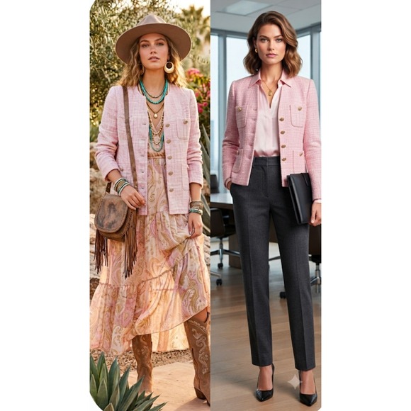 Appleseed's Jackets & Blazers - Appleseed's Pink Tweed Blazer Collarless Gold Button Boucle Jacket Women